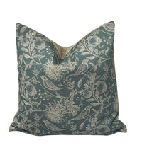 Thumbnail for Steel blue linen-look cushion cover with cream robin and floral print