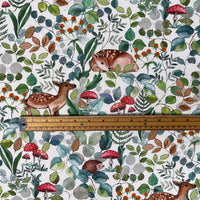 Thumbnail for Printed woodland fabric with ruler showing scale – deer, hedgehogs, and foliage on white cotton. Great for upholstery or sewing.