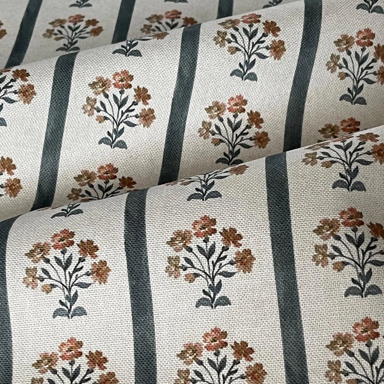 Organic cotton floral stripe fabric with hedgerow botanical design