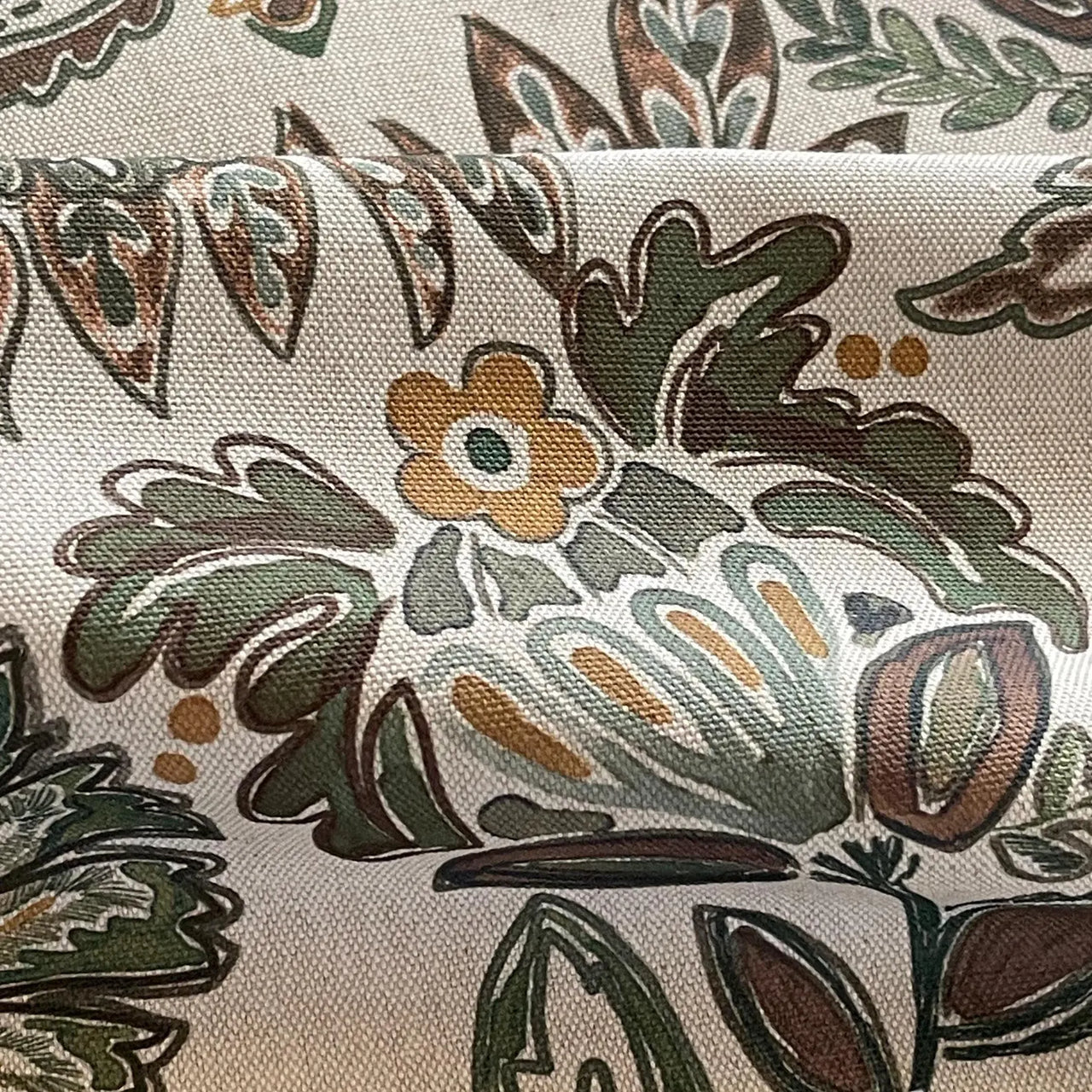 Traditional floral upholstery fabric with linen texture and muted palette