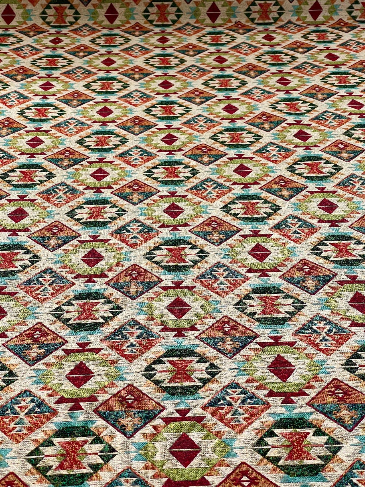 Multi-color geometric kilim fabric close-up