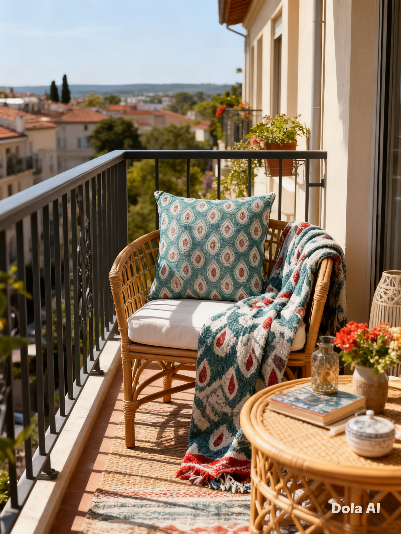 Teal paisley cushion cover featuring ivory teardrop motifs and muted red details on a sunny balcony.
