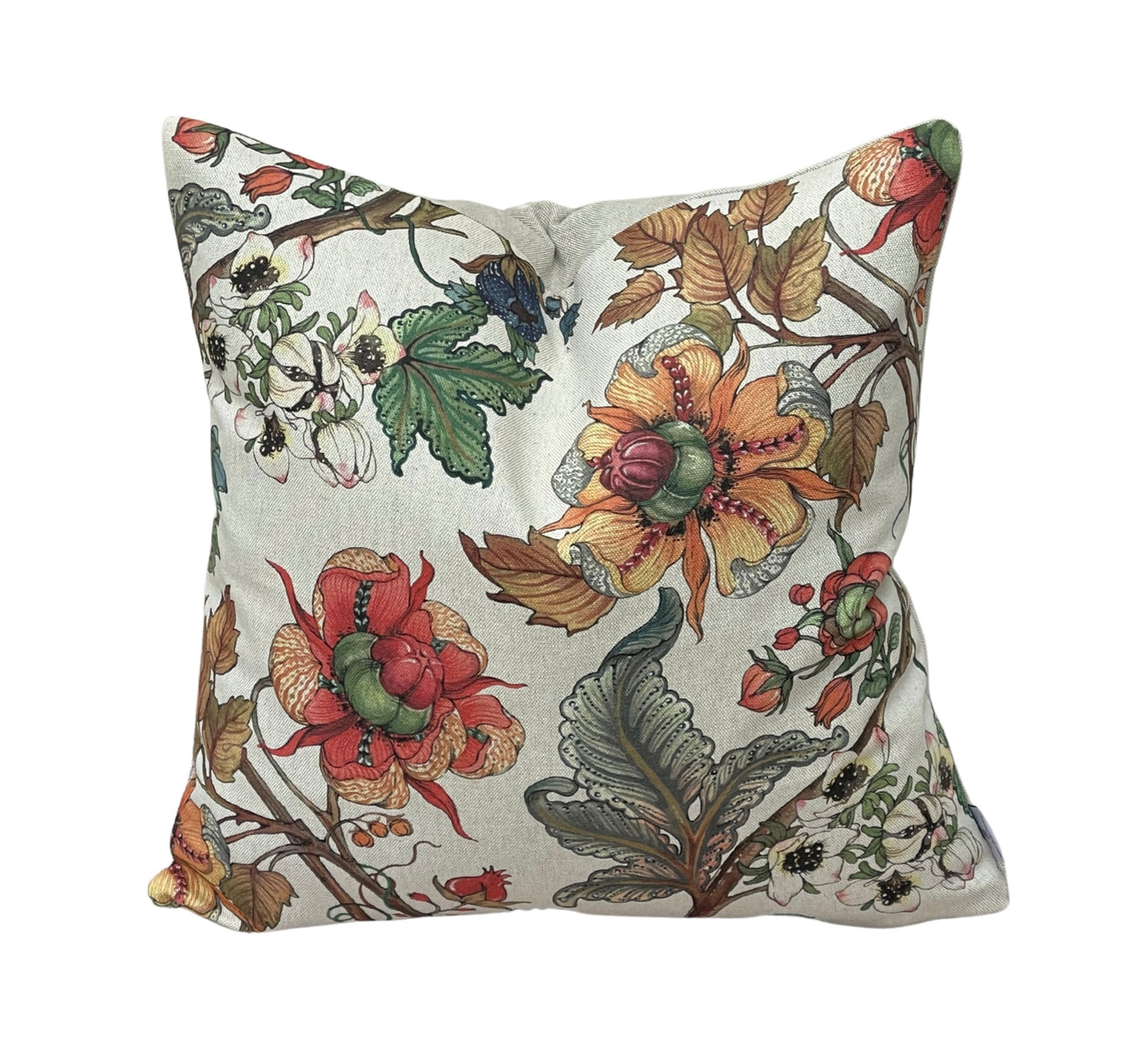 Country cottage floral cushion cover with large botanical flowers on textured linen-look fabric.