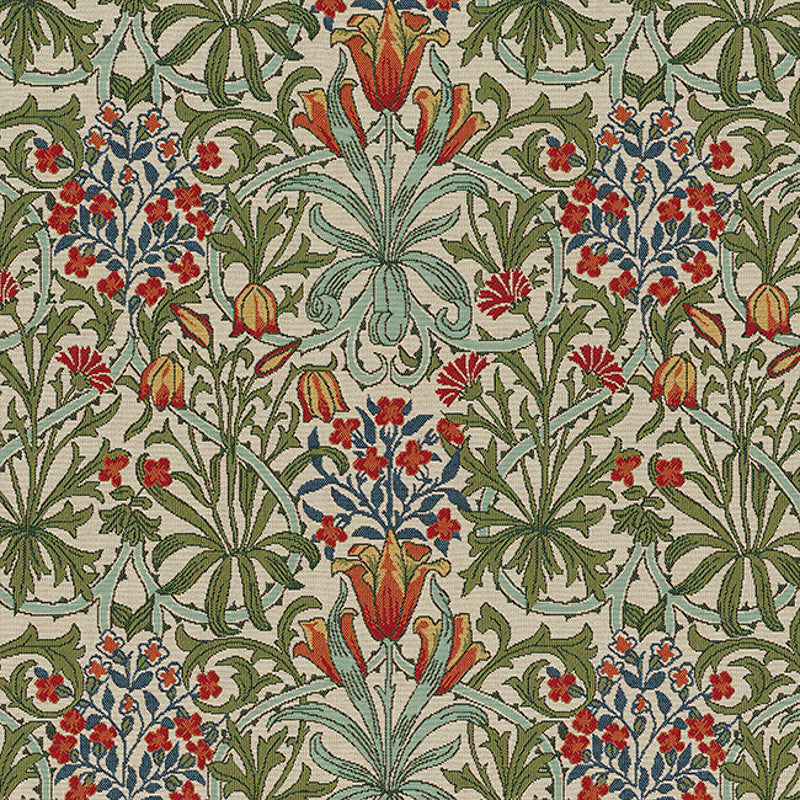 Multi-color floral upholstery fabric by William Morris.