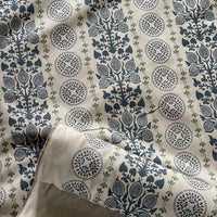 Thumbnail for Navy curtain fabric with vertical botanical stripe and medallion motif design