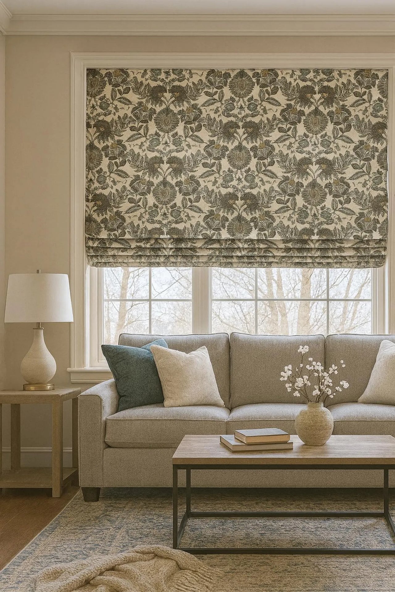 Linen look cotton fabric with symmetrical floral and leafy vine motifs