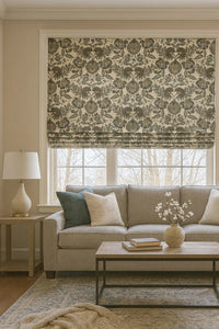 Thumbnail for Linen look cotton fabric with symmetrical floral and leafy vine motifs