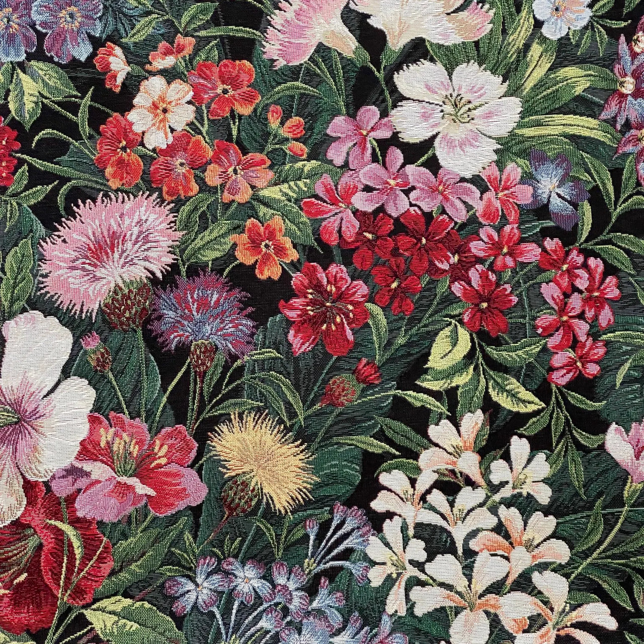 Elegant tapestry textile featuring vintage-inspired multicolour floral pattern.