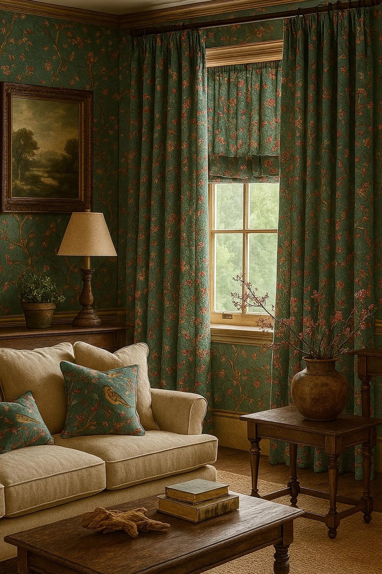 Floral and bird jacquard textile for interior décor projects