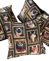 Thumbnail for Handmade velvet-backed pillow with framed cat faces