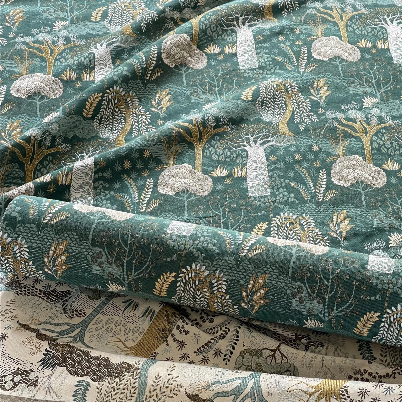 Luxury interior fabric with baobab trees on dark background