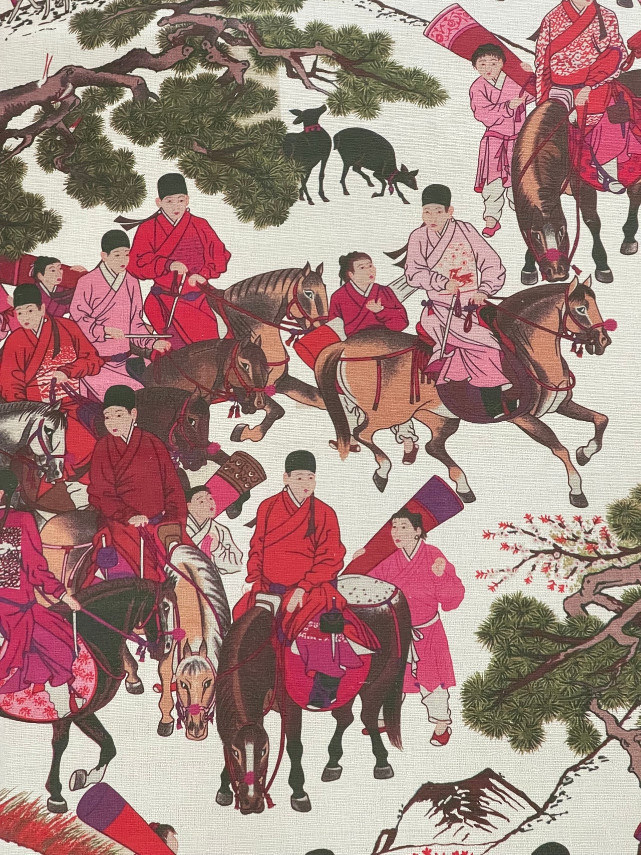 Beige cotton fabric with traditional Asian horsemen and forest scene