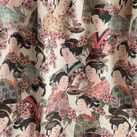 Thumbnail for Soft cotton fabric with Japanese geisha artwork and pink sakura blossoms.