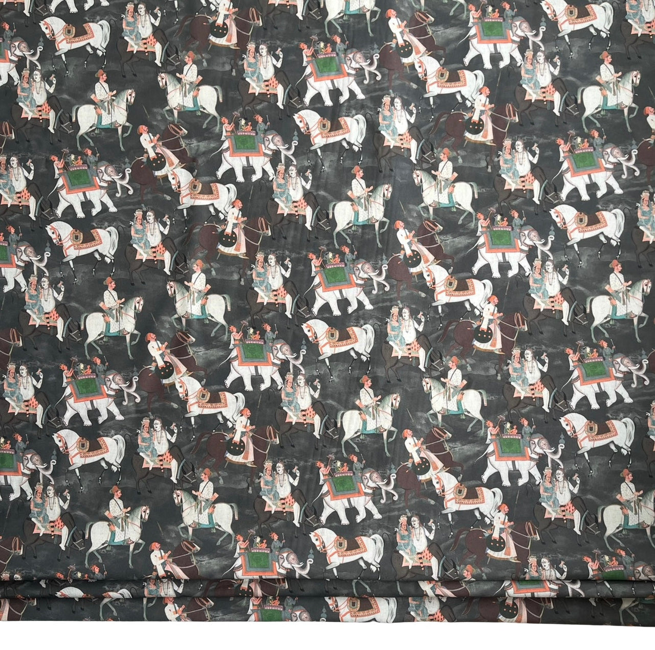 Patterned fabric with repeated design of people on horses and carriages.