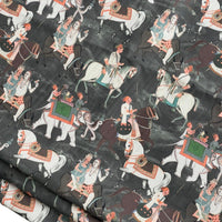 Thumbnail for Patterned fabric with illustrations of people on horses and elephants.