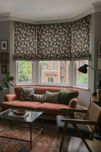 Thumbnail for Eclectic-style living room featuring bay windows with Roman blinds made from traditional Indian motif fabric showcasing horse riders and elephants, adding a rich cultural and vintage charm to the space.

