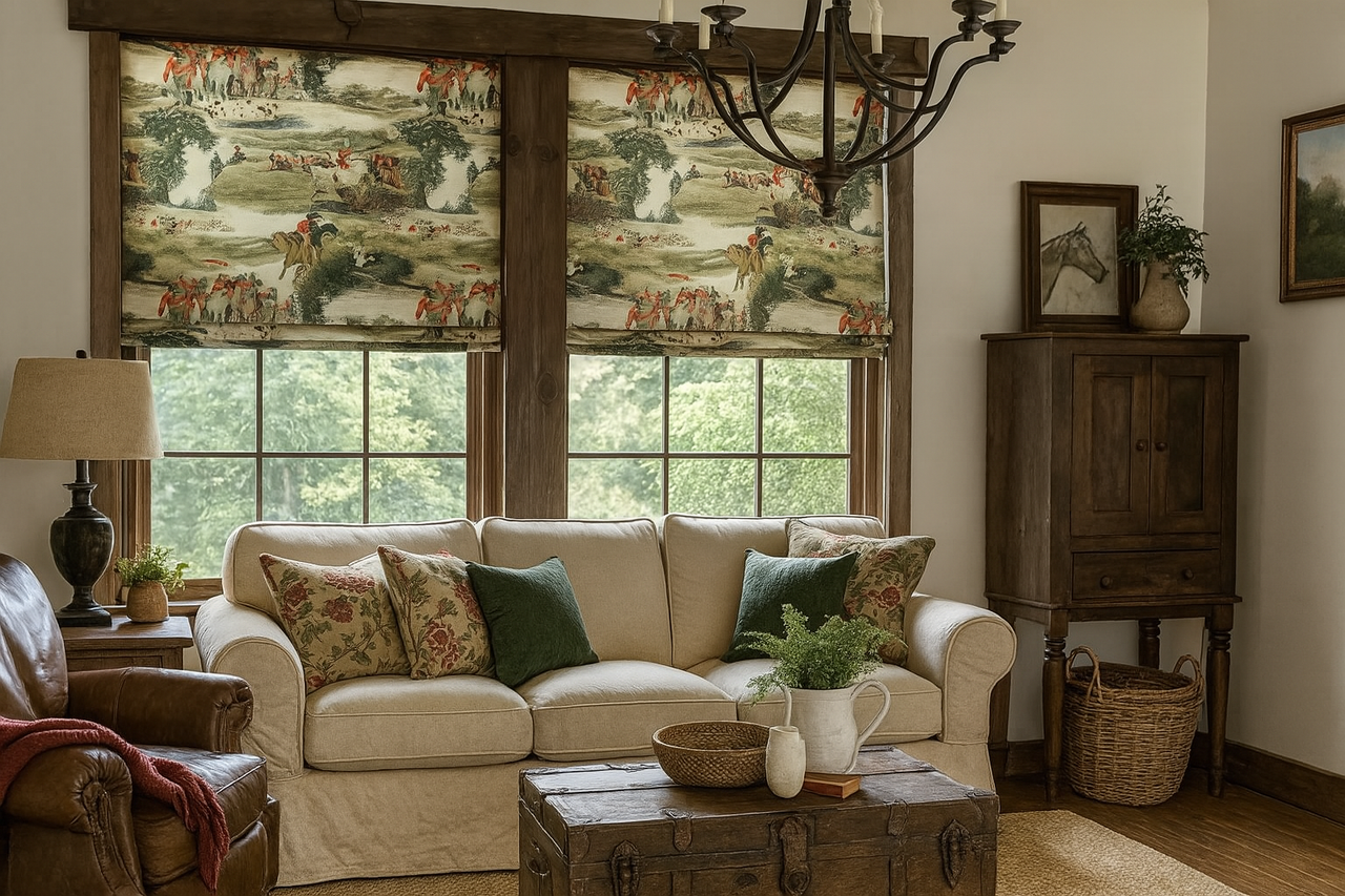 Traditional cottage-style living room featuring Roman blinds made from vintage hunting scene fabric. The room includes a neutral sofa with floral and green pillows, rustic wooden furniture, a leather armchair, and a natural fiber rug, all set against large windows with wooded views.