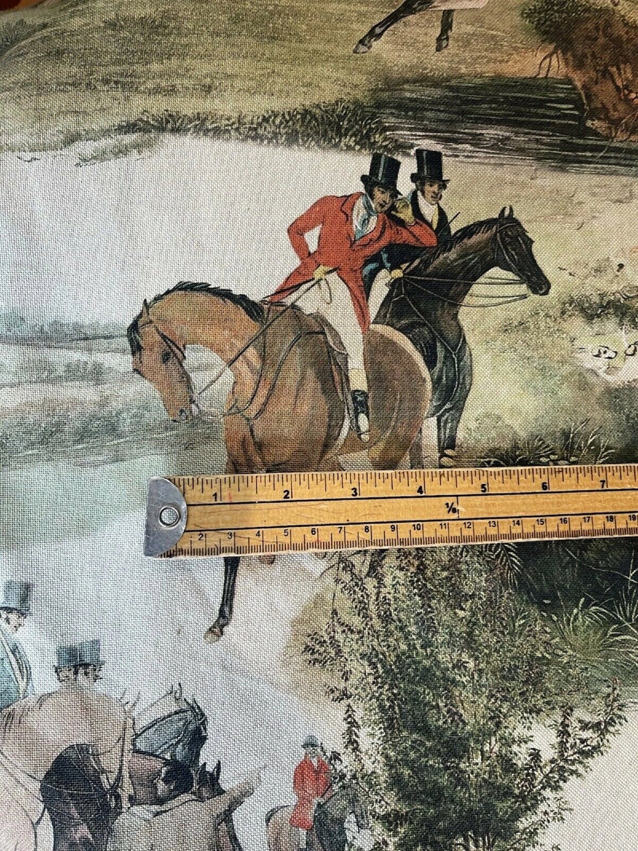 Cotton with Historical scene with people on horseback, measured by a ruler for scale.