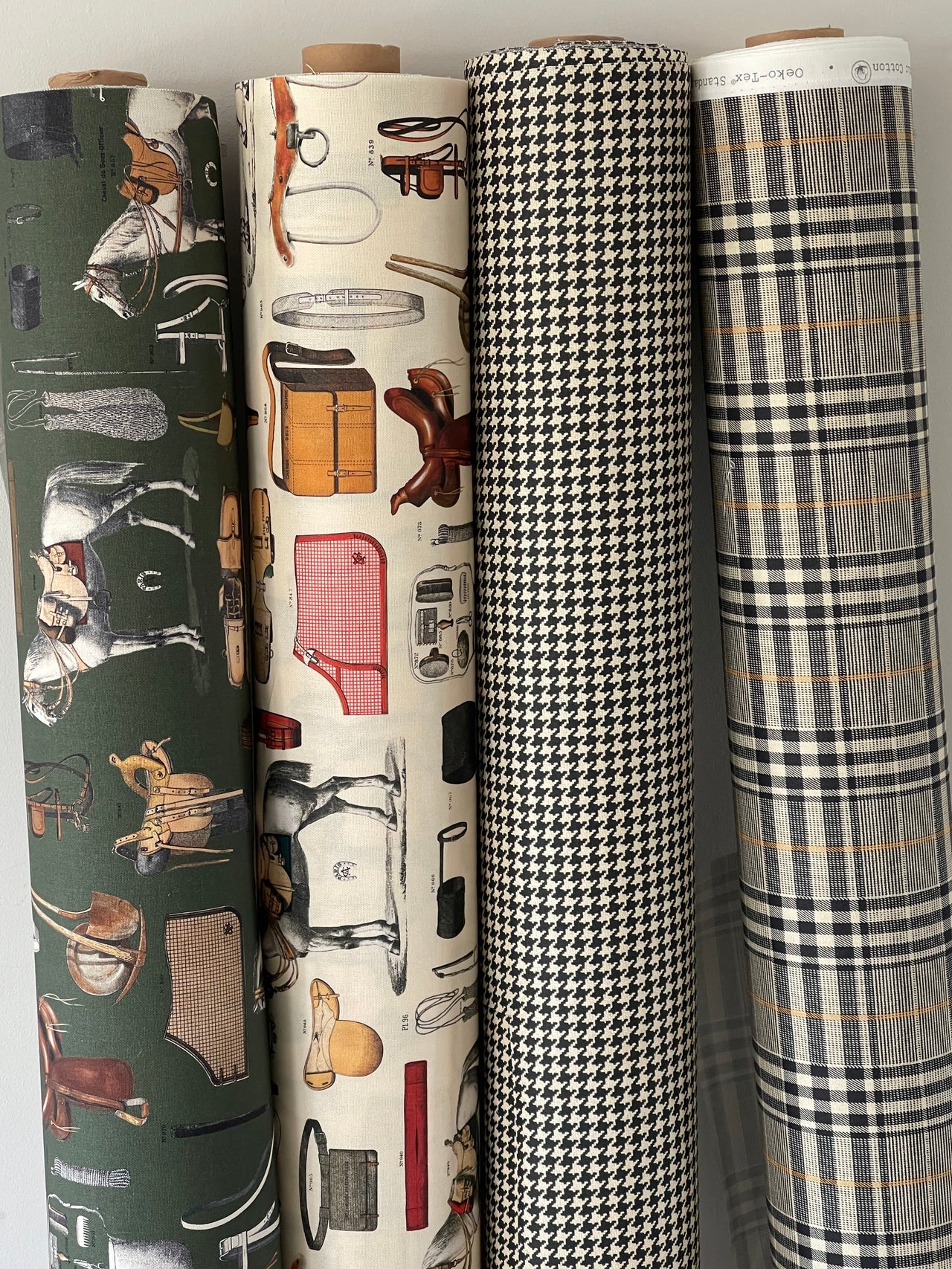 Equestrian Home Fabric – Gold Olive Horse Print for Traditional Interiors