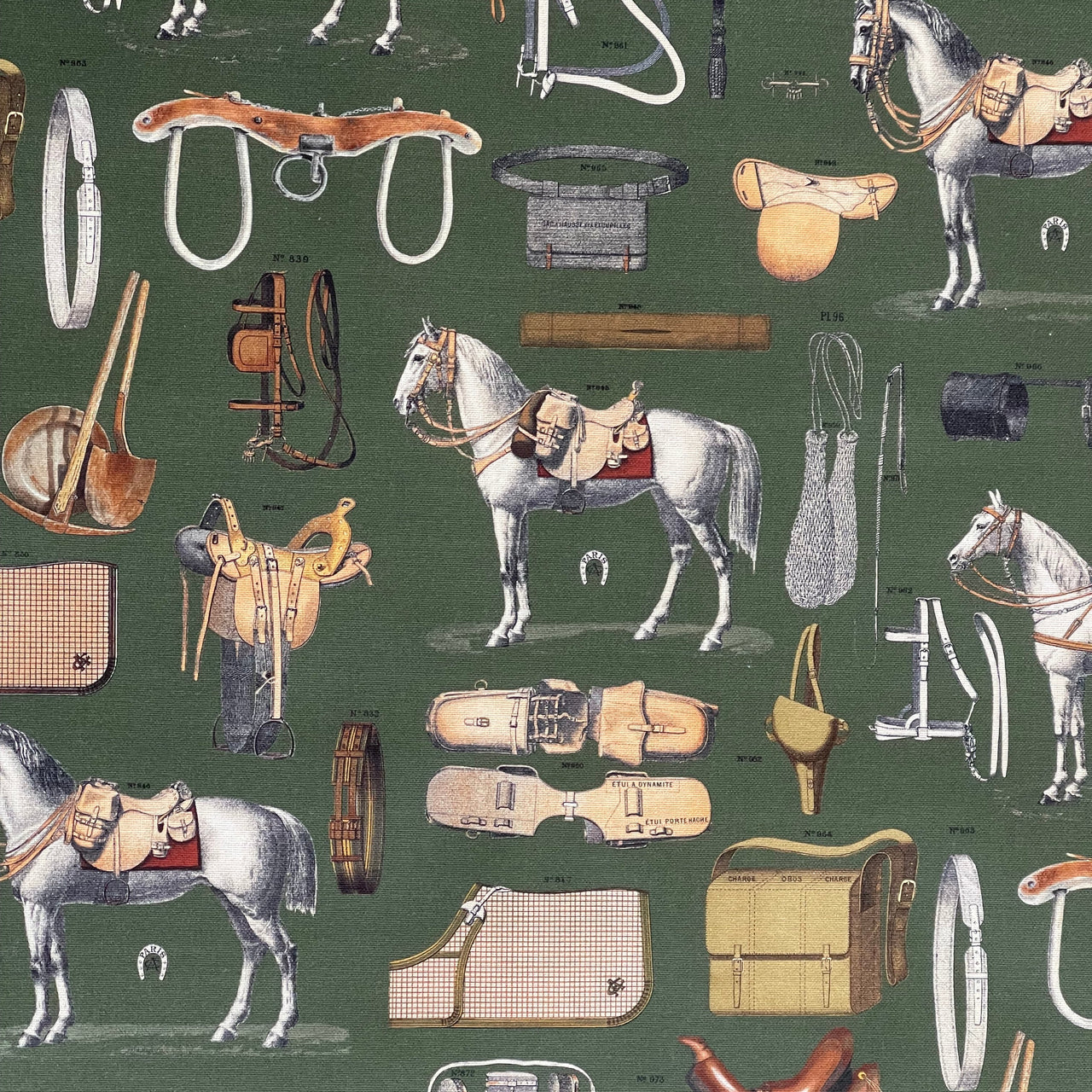 Equestrian Home Fabric – Gold Olive Horse Print for Traditional Interiors