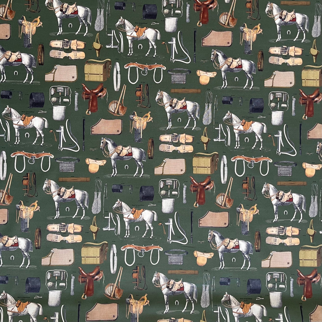 Equestrian Home Fabric – Gold Olive Horse Print for Traditional Interiors
