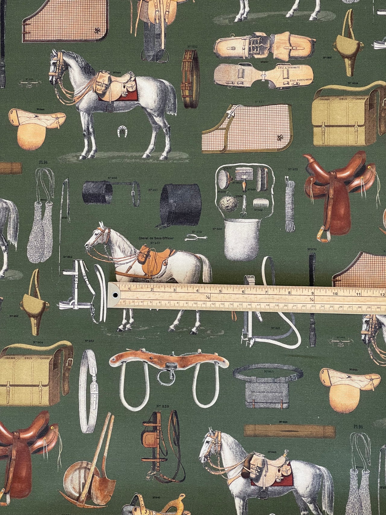 Equestrian Home Fabric – Gold Olive Horse Print for Traditional Interiors