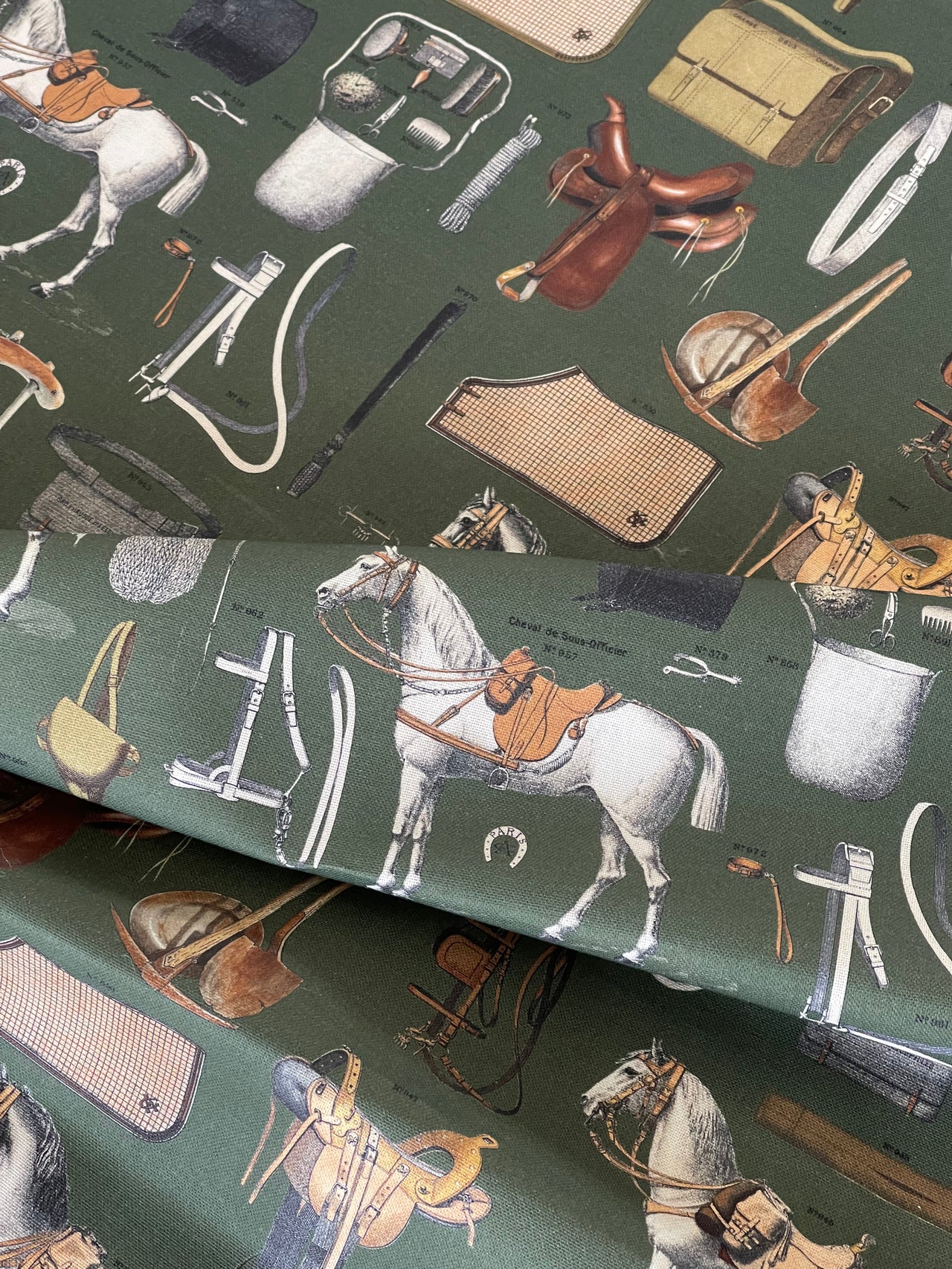 Equestrian Home Fabric – Gold Olive Horse Print for Traditional Interiors