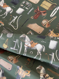 Thumbnail for Equestrian Home Fabric – Gold Olive Horse Print for Traditional Interiors
