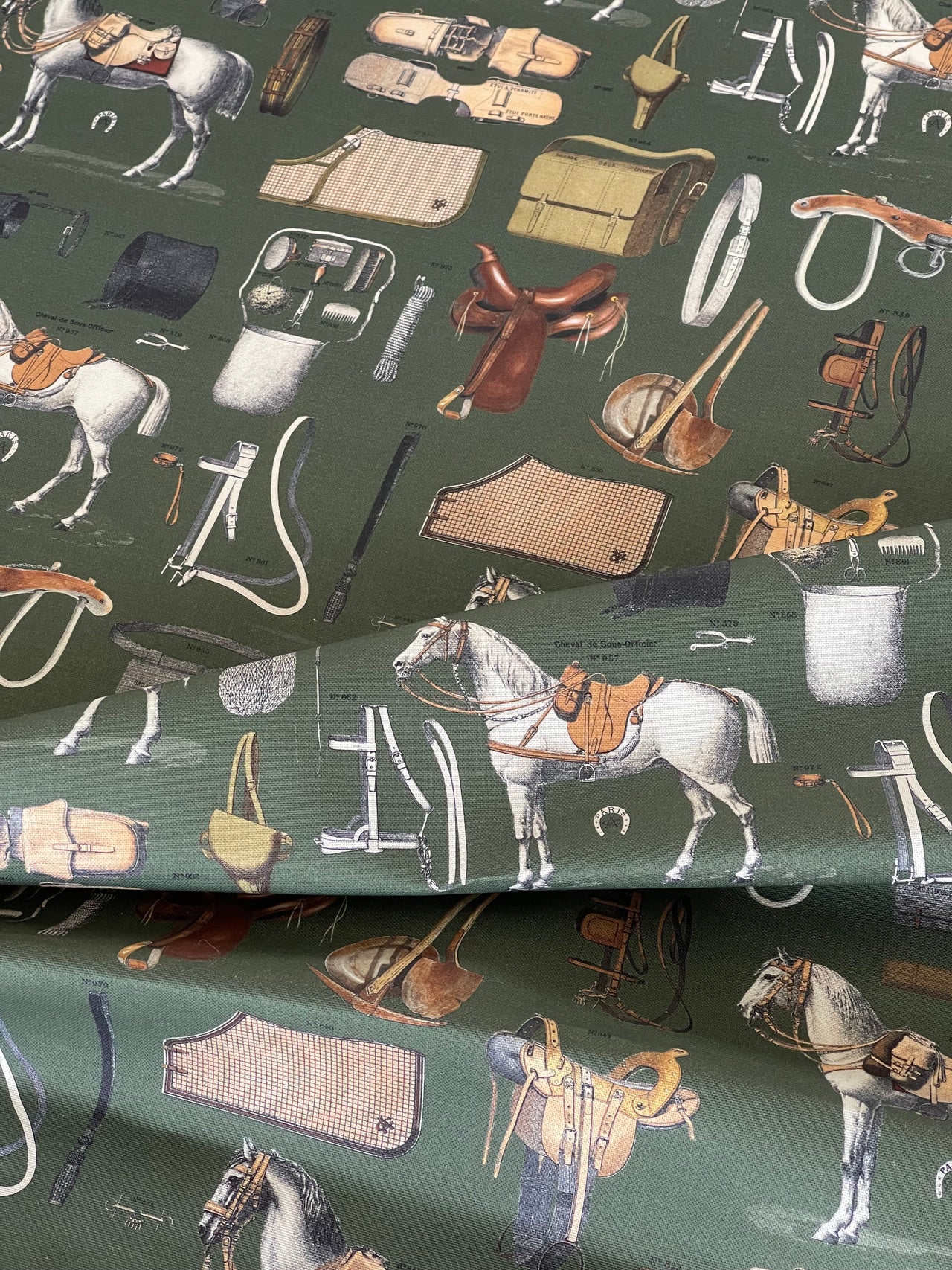 Equestrian Home Fabric – Gold Olive Horse Print for Traditional Interiors