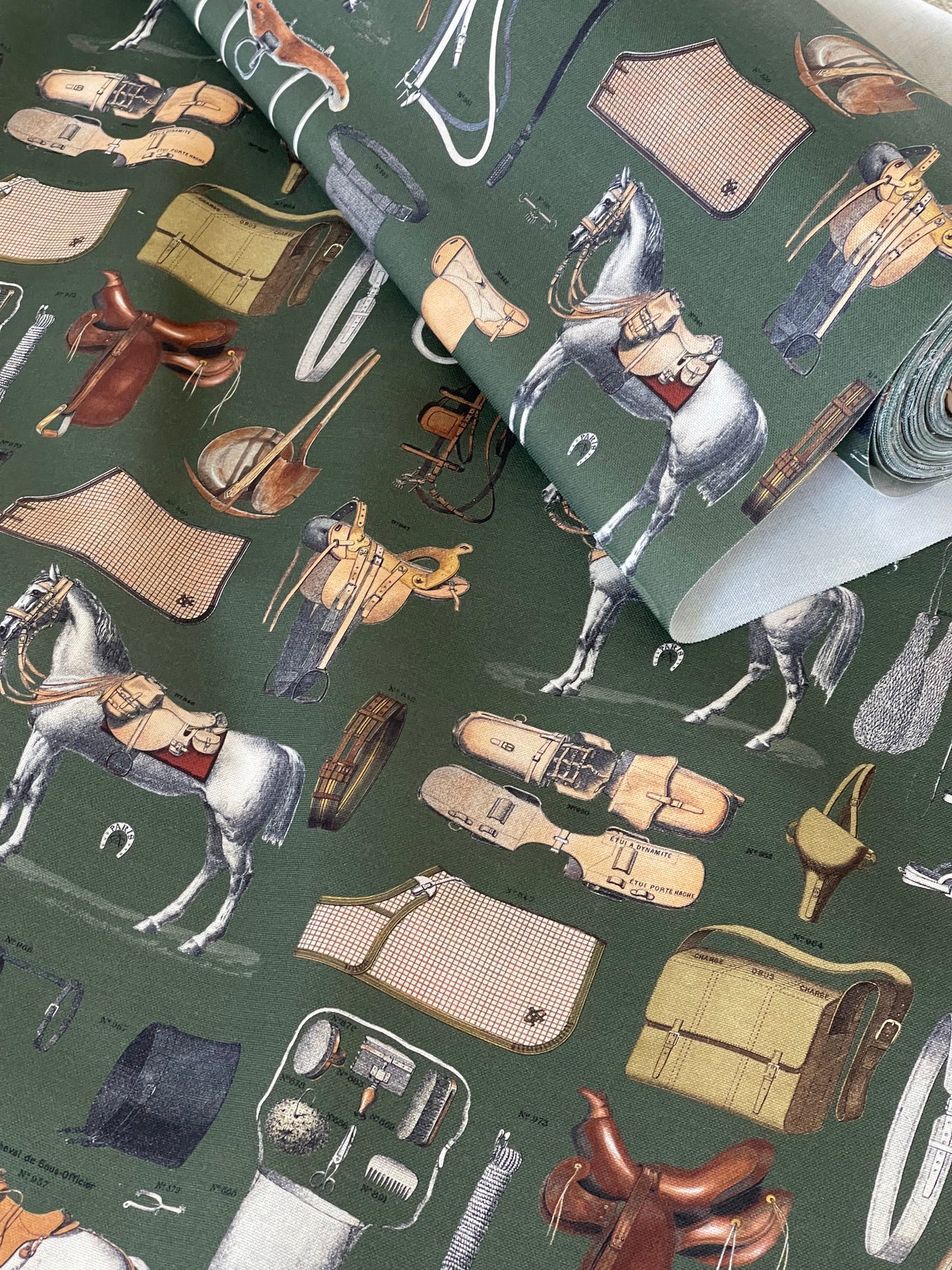 Equestrian Home Fabric – Gold Olive Horse Print for Traditional Interiors