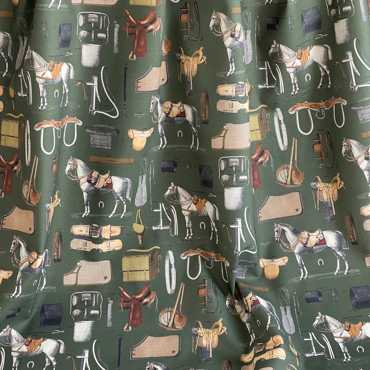Equestrian Home Fabric – Gold Olive Horse Print for Traditional Interiors