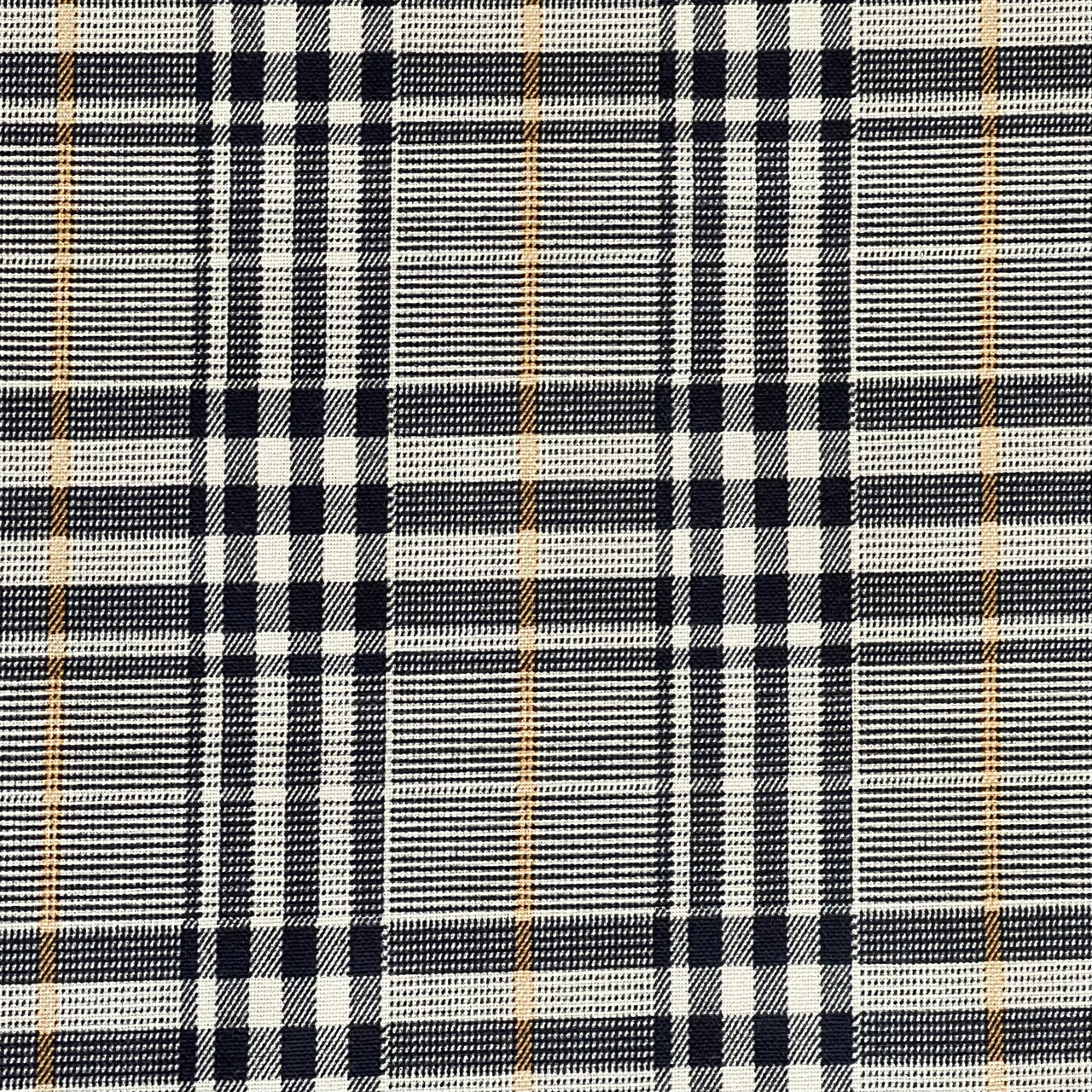 Windsor Plaid Fabric – Black & Cream Check with Gold Stripe – Organic Cotton Upholstery