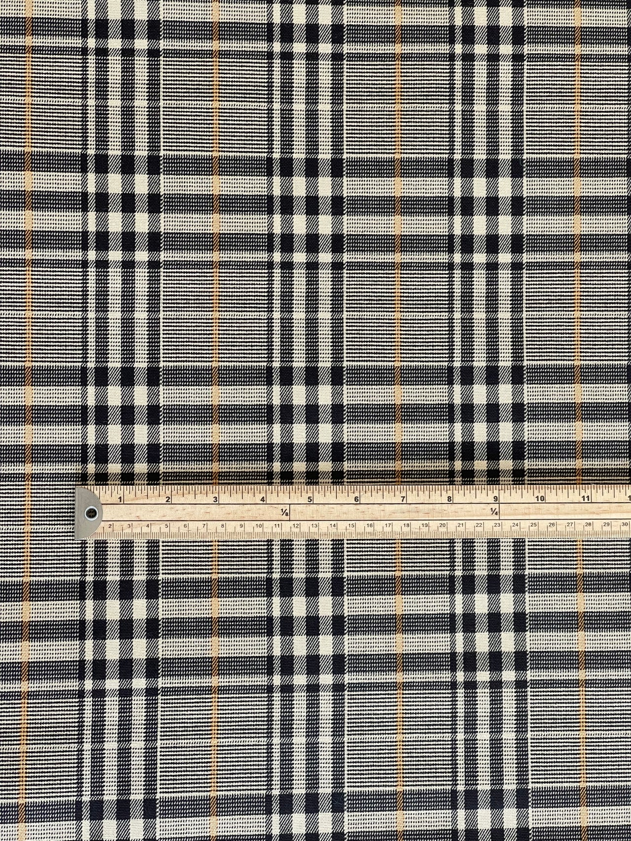 Windsor Plaid Fabric – Black & Cream Check with Gold Stripe – Organic Cotton Upholstery