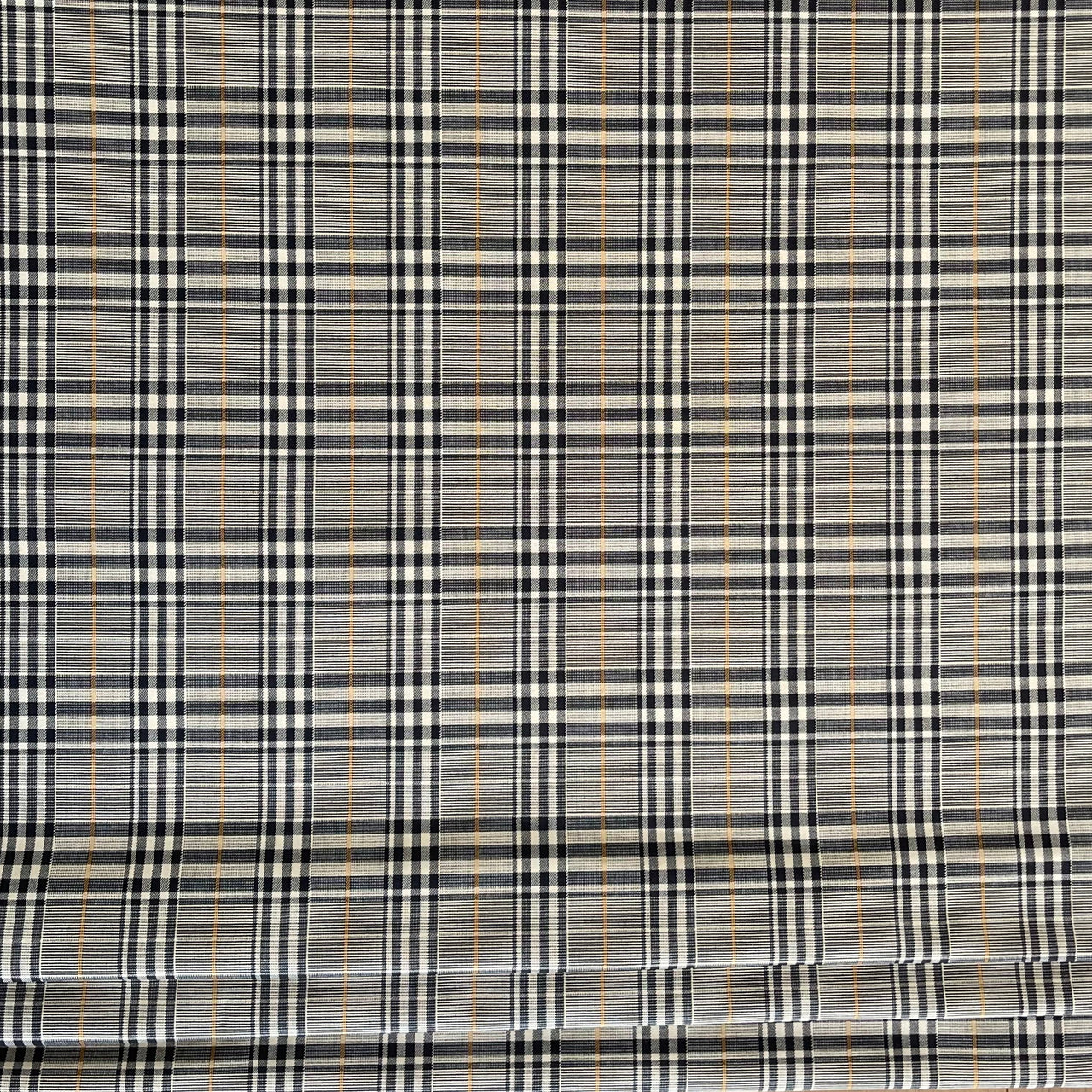 Windsor Plaid Fabric – Black & Cream Check with Gold Stripe – Organic Cotton Upholstery
