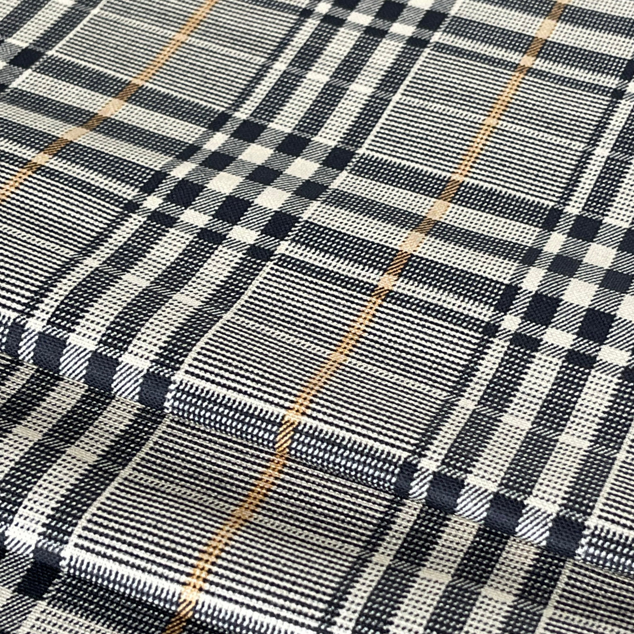 Windsor Plaid Fabric – Black & Cream Check with Gold Stripe – Organic Cotton Upholstery