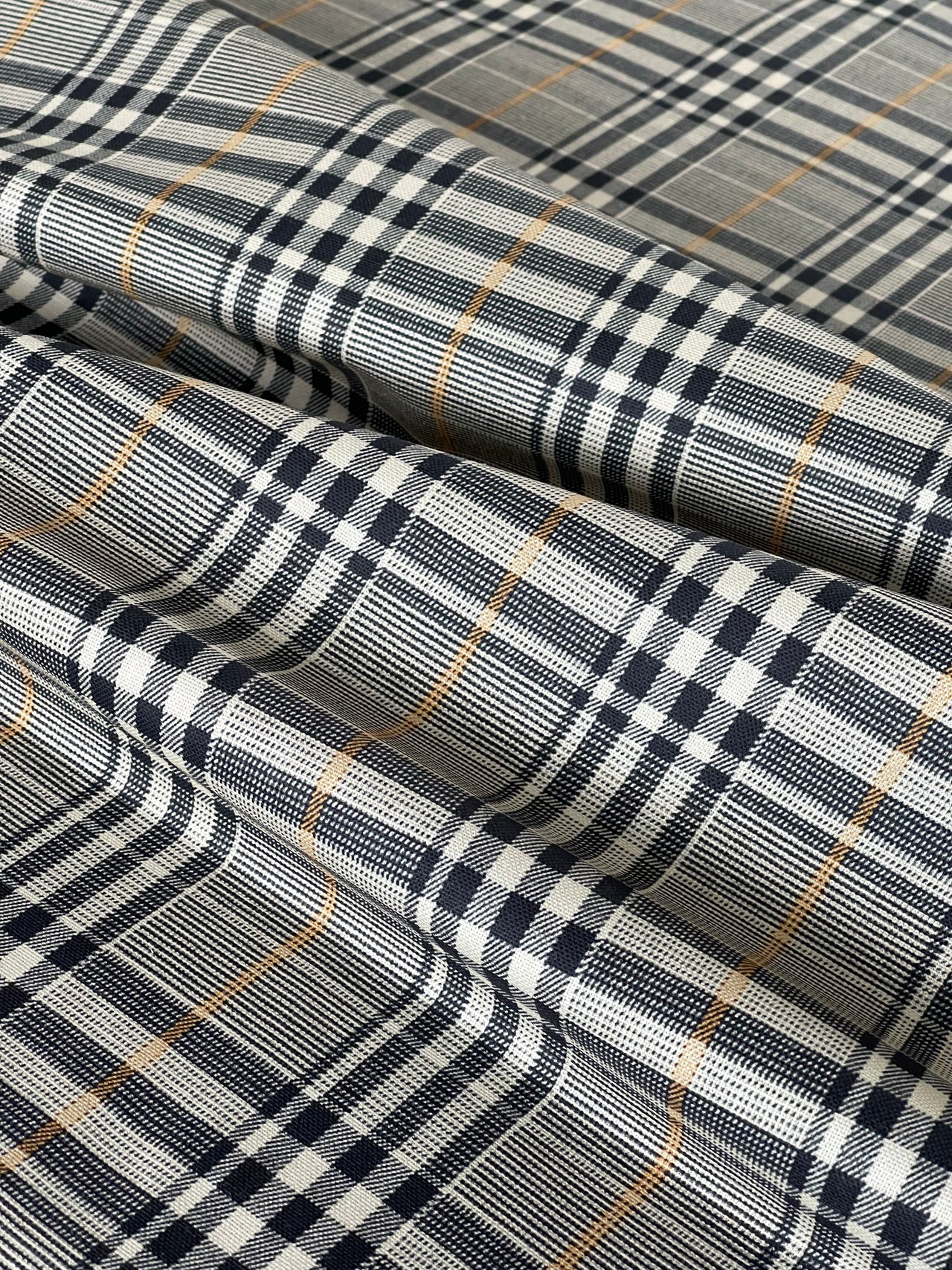 Windsor Plaid Fabric – Black & Cream Check with Gold Stripe – Organic Cotton Upholstery