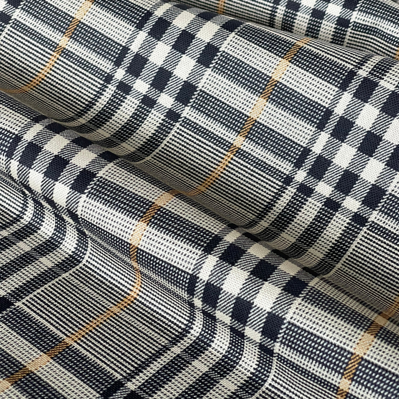 Windsor Plaid Fabric – Black & Cream Check with Gold Stripe – Organic Cotton Upholstery
