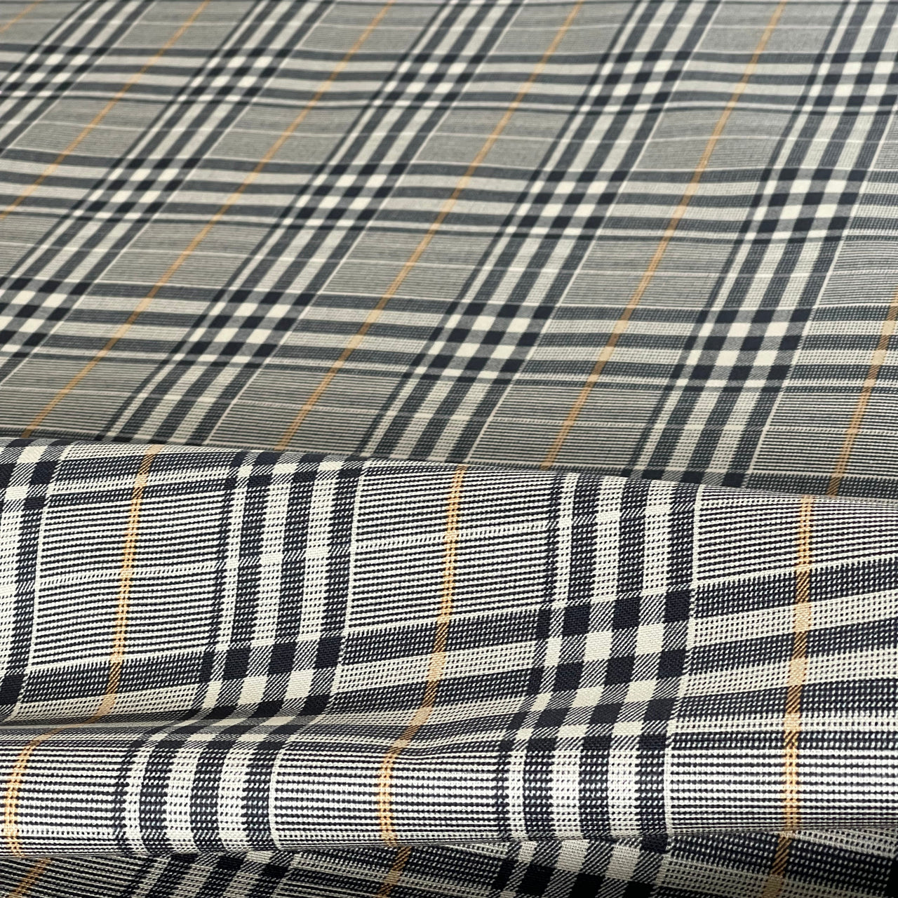Windsor Plaid Fabric – Black & Cream Check with Gold Stripe – Organic Cotton Upholstery