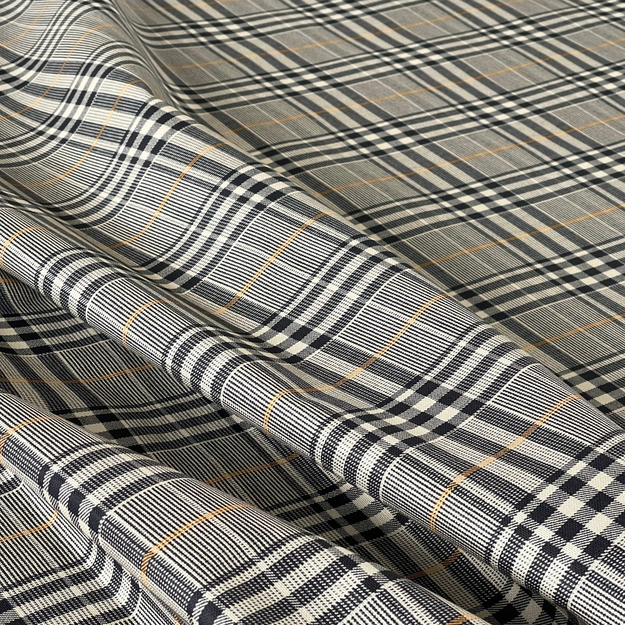 Windsor Plaid Fabric – Black & Cream Check with Gold Stripe – Organic Cotton Upholstery