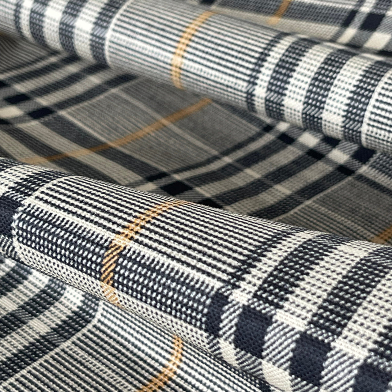 Windsor Plaid Fabric – Black & Cream Check with Gold Stripe – Organic Cotton Upholstery
