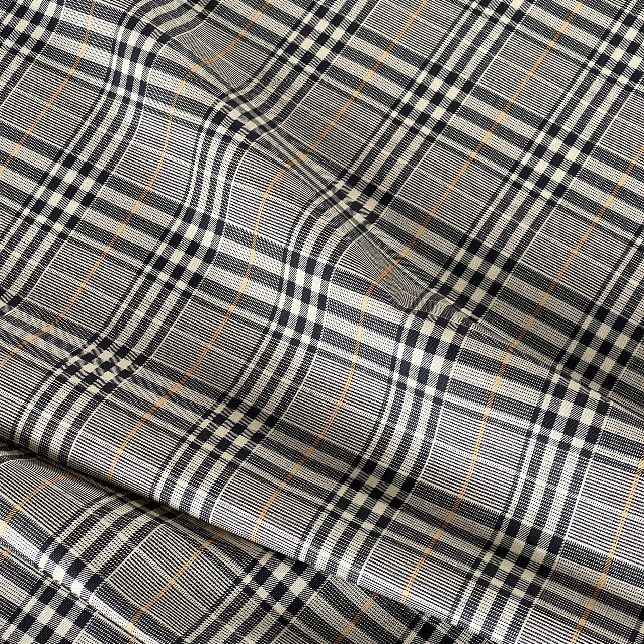 Windsor Plaid Fabric – Black & Cream Check with Gold Stripe – Organic Cotton Upholstery
