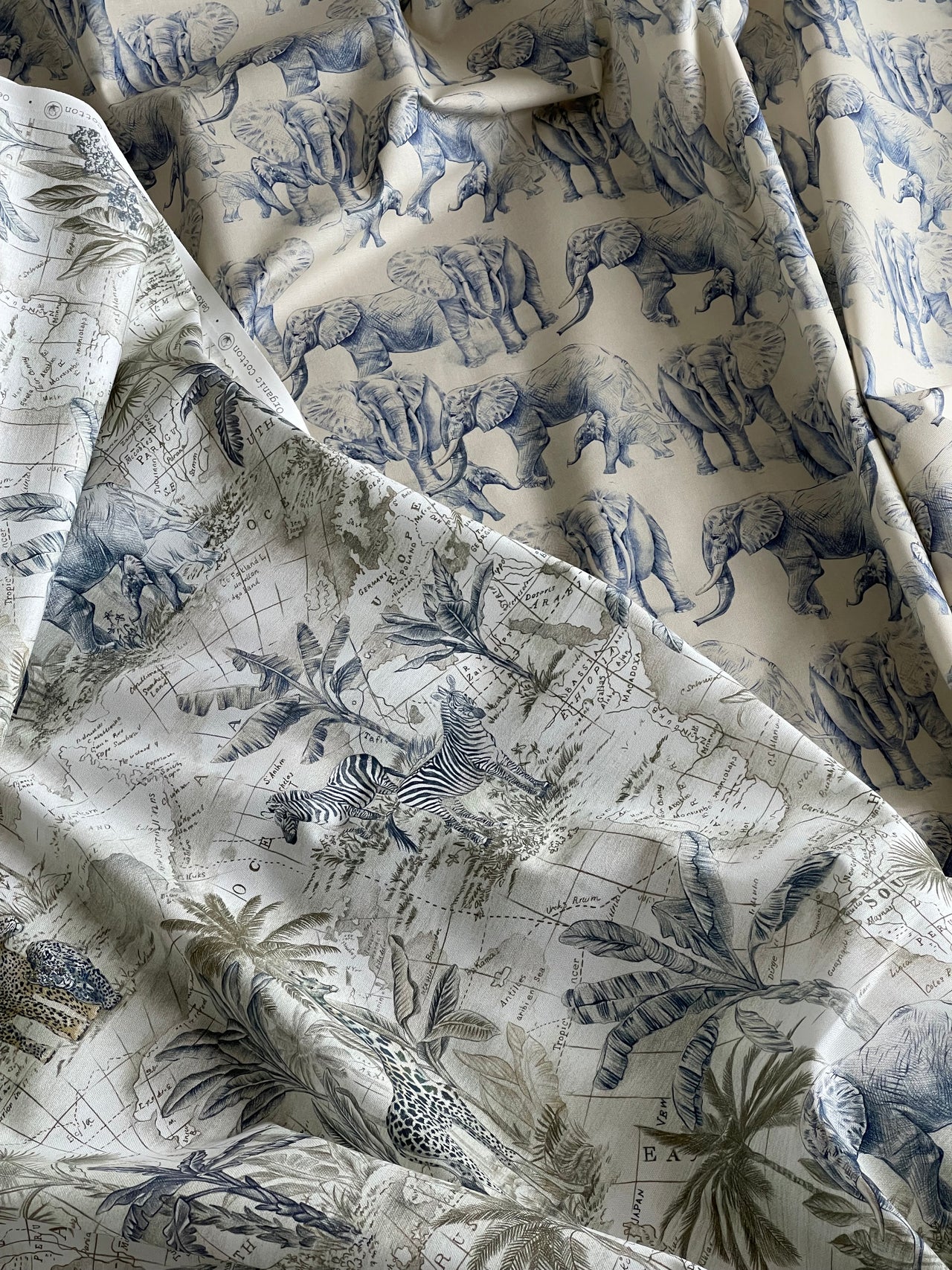 Luxury Safari Decor Fabric – Monochrome Animal Map – Curtain and Blind Making – Natural Cotton
