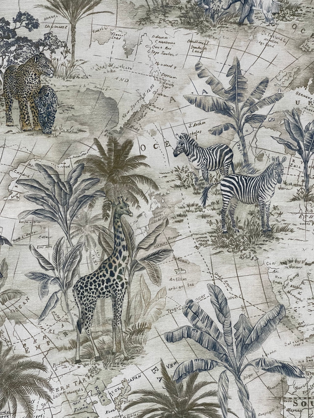 Luxury Safari Decor Fabric – Monochrome Animal Map – Curtain and Blind Making – Natural Cotton