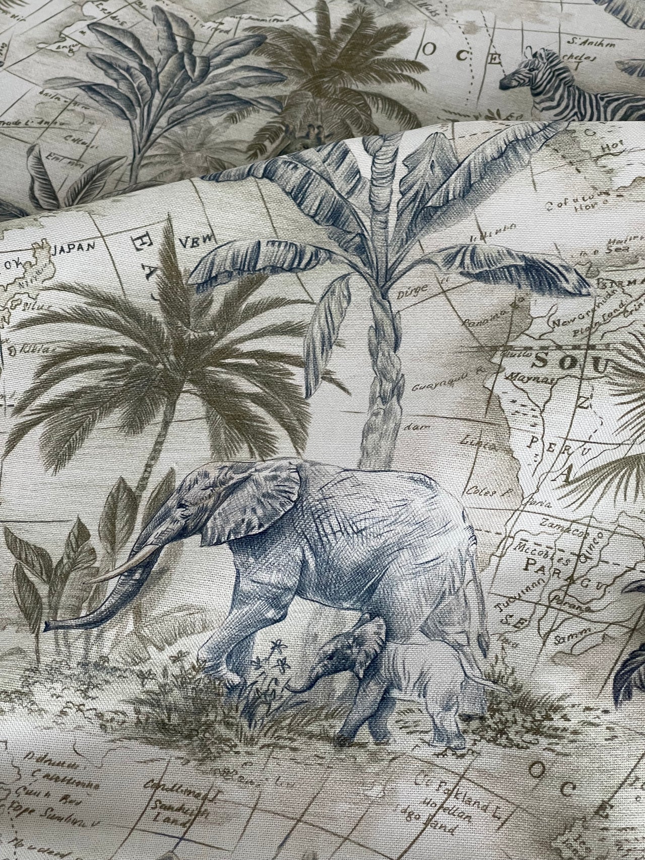 Luxury Safari Decor Fabric – Monochrome Animal Map – Curtain and Blind Making – Natural Cotton