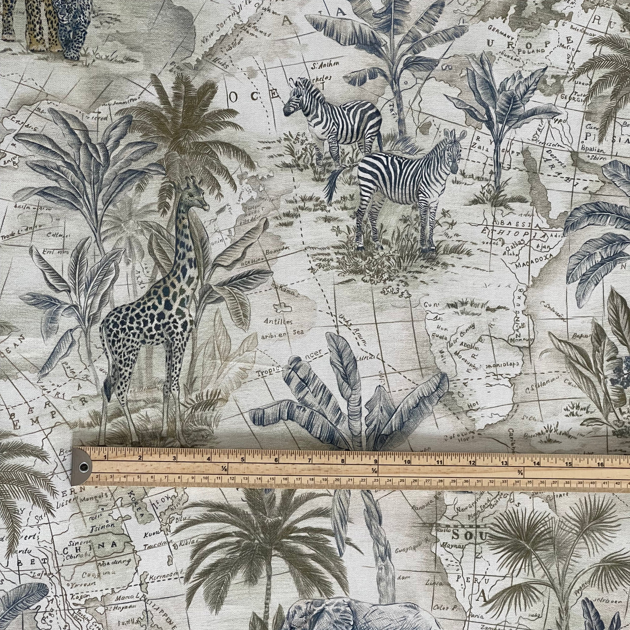 Luxury Safari Decor Fabric – Monochrome Animal Map – Curtain and Blind Making – Natural Cotton