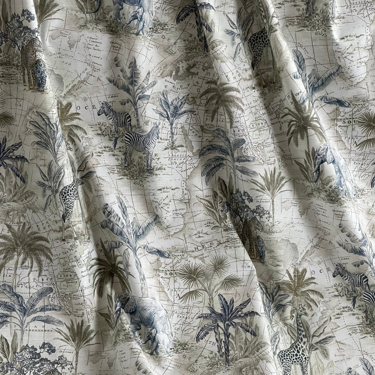 Luxury Safari Decor Fabric – Monochrome Animal Map – Curtain and Blind Making – Natural Cotton