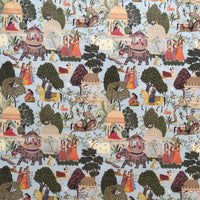 Thumbnail for Decorative fabric with intricate patterns of people, animals, and architecture on a blue background.