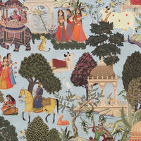 Thumbnail for Close-up of Regalia cotton fabric curtain highlighting colorful figures, horses, trees, and elephants.