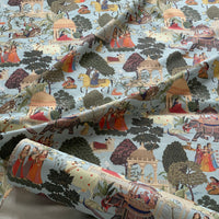 Thumbnail for Regalia printed cotton fabric unrolled to show texture and flowing design with Indian royal imagery and gardens.