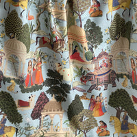 Thumbnail for Draped Regalia pattern cotton fabric styled as a curtain, displaying vibrant Indian heritage scenes and soft folds.